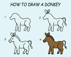 Step by step to draw a Donkey. Drawing tutorial a Donkey. Drawing lesson for children. Vector illustration