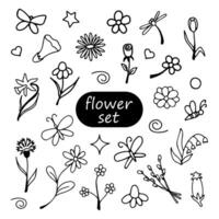 set of vector doodle flowers and butterflies