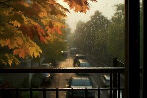 hermosa otoño hojas en el terraza de un país casa. otoño lloviendo día. ai generativo foto