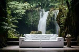 White comfortable modern sofa on the background of a waterfall. The concept of relax and connection with nature. AI Generative photo