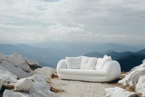 White comfortable modern sofa on top of the mountains. Concept of achievement, motivation, vacation. AI Generative photo