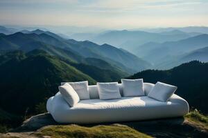 White comfortable modern sofa on top of the mountains. Concept of freedom, achievement, relax. AI Generative photo