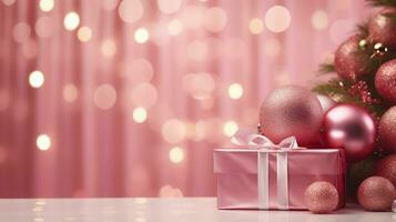 Christmas background with pink gift box, christmas balls and bokeh. AI Generative photo