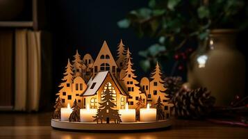 Candle holder shape houses with candles. Coziness home decorations for the Christmas holidays. AI Generated photo