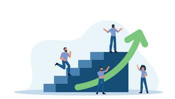 Group of people standing on top of a staircase with arrow going up. People smiling and looking up at the arrow. People are working together to achieve a common goal. Vector flat illustration