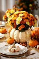 Pumpkin and flowers decorate the festive table for Thanksgiving. Festive table setting. AI Generated photo