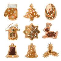 Set of holiday gingerbread cookies in flat technique. Vector illustration