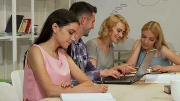 Gorgeous female student smiling to the camera while studying video