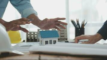 Architectural engineer team meeting Use of blueprints, construction drawings and calculations for architectural projects and engineering tools in the workplace technical structure concept. video