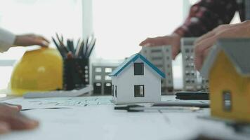 Architectural engineer team meeting Use of blueprints, construction drawings and calculations for architectural projects and engineering tools in the workplace technical structure concept. video