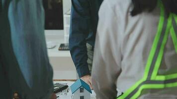 Architectural engineer team meeting Use of blueprints, construction drawings and calculations for architectural projects and engineering tools in the workplace technical structure concept. video