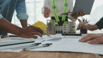 Architectural engineer team meeting Use of blueprints, construction drawings and calculations for architectural projects and engineering tools in the workplace technical structure concept. video