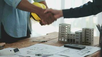 Architectural engineer team meeting Use of blueprints, construction drawings and calculations for architectural projects and engineering tools in the workplace technical structure concept. video