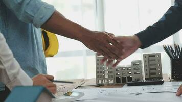 Architectural engineer team meeting Use of blueprints, construction drawings and calculations for architectural projects and engineering tools in the workplace technical structure concept. video