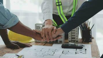 Architectural engineer team meeting Use of blueprints, construction drawings and calculations for architectural projects and engineering tools in the workplace technical structure concept. video