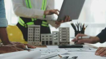 Architectural engineer team meeting Use of blueprints, construction drawings and calculations for architectural projects and engineering tools in the workplace technical structure concept. video