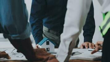 Architectural engineer team meeting Use of blueprints, construction drawings and calculations for architectural projects and engineering tools in the workplace technical structure concept. video