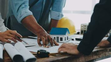 Architectural engineer team meeting Use of blueprints, construction drawings and calculations for architectural projects and engineering tools in the workplace technical structure concept. video