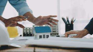 Architectural engineer team meeting Use of blueprints, construction drawings and calculations for architectural projects and engineering tools in the workplace technical structure concept. video