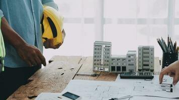 Architectural engineer team meeting Use of blueprints, construction drawings and calculations for architectural projects and engineering tools in the workplace technical structure concept. video