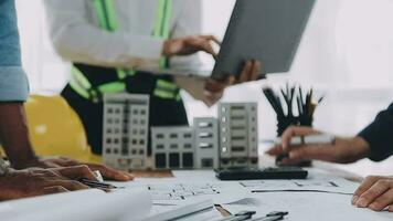 Architectural engineer team meeting Use of blueprints, construction drawings and calculations for architectural projects and engineering tools in the workplace technical structure concept. video