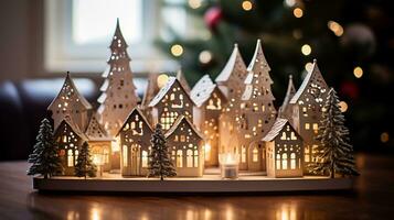 Candle holder shape houses and Christmas trees with candles. Coziness home decorations for the Christmas holidays. AI Generative photo