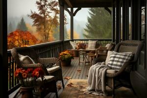 al aire libre patio con mimbre sillas, mesa y otoñal hojas. ai generativo foto