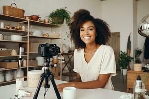 Black female beauty blogger. Female vlogger is showing cosmetics products while recording video Generative AI photo