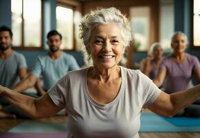 ai generative healthy lifestyle concept, elderly beautiful woman at yoga fitness class photo