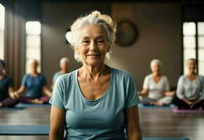 ai generative healthy lifestyle concept, elderly beautiful woman at yoga fitness class photo