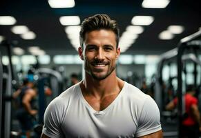 ai generative Portrait of handsome muscular fit fitness instructor, gym background, banner with copy space text photo