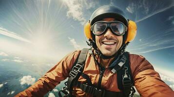 ai generativo paracaidismo concepto, hombre saltando fuera de avión, paracaidismo fondo, bandera con Copiar espacio texto foto