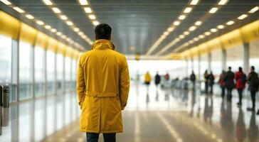 Ai generative travel and lifestyle concept, man in yellow coat waiting at airport hallway, background, banner with copy space text photo