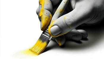 Ai generative hand holding painting brush and doung yellow brush stroke on white wall, background, banner with copy space text, template photo
