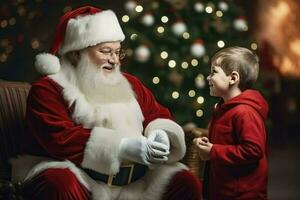 european Santa Clause read letter from child, wish list of presents for Christmas in decorated room, ai generated photo