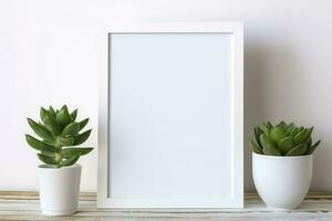 White frames on a shelf with a plant. Scandi style.  AI generated photo