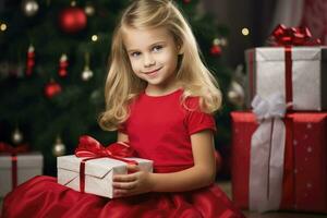 Child sitting with Christmas gifts near decorated tree,  AI generated photo