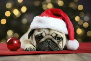 Funny pug Dog with santa hat lying on Christmas light background. AI Generated photo
