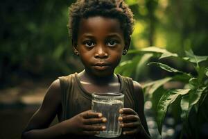 retrato niño de África bebida agua desde jarra , de cerca. sequía, carencia de agua problema. ai generado foto