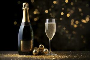 Champagne bottle and two glasses with ribbons on black blurred lights background., AI generated photo