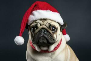 Funny pug Dog with santa hat lying on Christmas light background. AI Generated photo