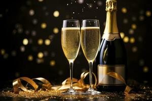 Champagne bottle and two glasses with ribbons on black blurred lights background., AI generated photo