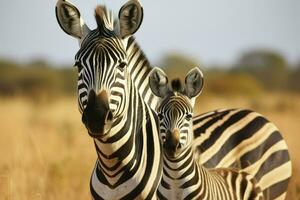 Portrait of a zebra with young little child zebra standing against a green bush, ai generated photo