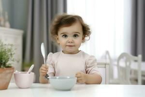Baby girl eating blend mashed food, hand with spoon for vegetable lunch, baby weaning. AI Generated photo