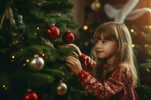 niño decorando Navidad árbol a casa.ai generado foto