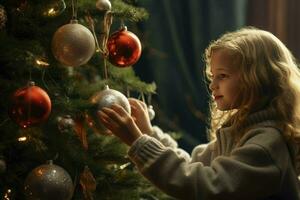 niño decorando Navidad árbol a casa.ai generado foto