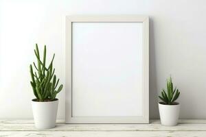 White frames on a shelf with a plant. Scandi style. AI Generated photo