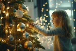 niño decorando Navidad árbol a casa.ai generado foto