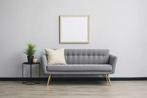 Home interior with scandinavian style sofa and coffee table, AI Generated photo