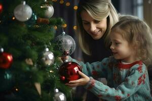 Child girl with mother decorating Christmas tree at home. AI Generated photo